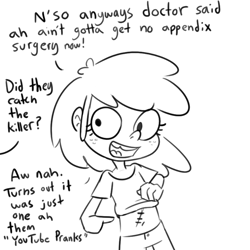 Size: 792x792 | Tagged: safe, artist:tjpones, apple bloom, human, g4, black and white, clothes, dialogue, female, freckles, grayscale, humanized, monochrome, offscreen character, open mouth, open smile, scar, shirt, shirt lift, simple background, smiling, solo, stitches, white background