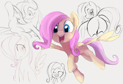 Size: 1421x972 | Tagged: safe, artist:dotkwa, fluttershy, pegasus, pony, g4, blushing, butt, cute, daaaaaaaaaaaw, dock, featureless crotch, female, filly, filly fluttershy, flutterbutt, gray background, hair over one eye, looking back, open mouth, open smile, plot, shyabetes, simple background, smiling, solo, tail, younger