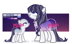 Size: 2465x1536 | Tagged: safe, artist:miioko, oc, oc only, earth pony, pony, bald, base used, clothes, duo, earth pony oc, female, filly, grin, mare, reference sheet, see-through, simple background, smiling, transparent background, watermark