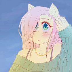 Size: 2160x2160 | Tagged: safe, artist:melonmilk, derpibooru exclusive, fluttershy, anthro, g4, anime style, clothes, high res, sweater
