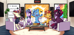 Size: 4193x2015 | Tagged: safe, artist:chub-wub, fizzlepop berrytwist, moondancer, starlight glimmer, sunset shimmer, tempest shadow, trixie, twilight sparkle, alicorn, pony, unicorn, apple, armchair, banana, bottle, can, chair, cider, computer, couch, counterparts, drink, eyes closed, female, food, fruit, glowing, glowing horn, headphones, headset, herbivore, high res, horn, laptop computer, levitation, magic, mare, microphone, open mouth, orange, pepsi, podcast, poster, raised hoof, raised leg, recording studio, reformed, reformed unicorn meeting, smiling, soda, sweat, sweatdrop, table, telekinesis, twilight sparkle (alicorn), twilight's counterparts, water, water bottle
