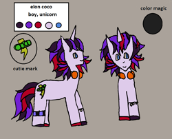 Size: 1225x990 | Tagged: safe, artist:ask-luciavampire, oc, oc only, oc:elon coco, pony, unicorn, ask ponys gamer club, mismatched hooves, reference sheet