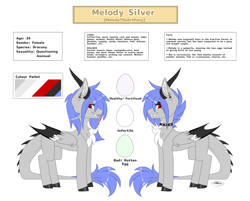 Size: 2500x2008 | Tagged: safe, artist:melodytheartpony, oc, oc:melody silver, dracony, dragon, hybrid, pony, asexual, collar, egg, fangs, female, fluffy, high res, horns, implied oviposition, long hair, long mane, long tail, oviparity, ref, reference sheet, short hair, short mane, solo, tail, webbed wings