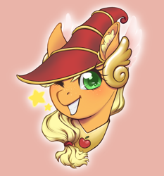 Size: 2790x3000 | Tagged: safe, artist:taytinabelle, applejack, earth pony, pony, g4, apple magician girl, bust, cute, cutie mark accessory, ear fluff, female, happy, hat, high res, looking at you, mare, one eye closed, simple background, smiling, solo, wink