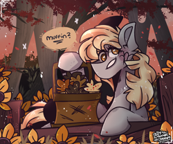 Size: 3000x2500 | Tagged: safe, artist:its_sunsetdraws, derpy hooves, pegasus, pony, g4, basket, cheek fluff, cross-eyed, digital art, fanart, fence, flower, food, forest, high res, leaves, looking at you, muffin, redraw, solo, sunflower, sunset, tree