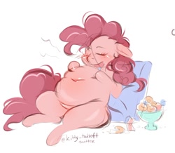 Size: 854x743 | Tagged: safe, artist:twisoft, pinkie pie, earth pony, pony, belly, belly button, big belly, blushing, candy, cushion, drool, eyes closed, fat, female, food, hoof on belly, obese, open mouth, piggy pie, pudgy pie, reclining, signature, simple background, sleeping, solo, stuffed belly, white background
