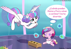 Size: 3669x2520 | Tagged: safe, artist:doublewbrothers, editor:enrique zx, princess cadance, princess flurry heart, whammy, alicorn, pony, g4, age progression, age regression, age swap, baby, baby cadance, baby pony, blocks, commission, diaper, duo, female, filly, filly cadance, flying, foal, high res, magic, mother and child, mother and daughter, older, older flurry heart, role reversal, spanish, spanish description, telekinesis, thought bubble, translation, translator:enrique zx, younger