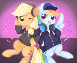 Size: 2261x1839 | Tagged: safe, artist:ginmaruxx, applejack, rainbow dash, earth pony, pegasus, pony, g4, blushing, cap, clothes, cute, dashabetes, duo, duo female, female, freckles, hat, headphones, high res, hoodie, jackabetes, looking at you, mare, missing accessory, one eye closed, open mouth, open smile, sitting, smiling, smiling at you, wink, winking at you