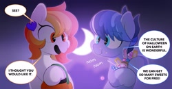 Size: 2800x1457 | Tagged: safe, artist:mochi_nation, oc, oc only, oc:galaxy, earth pony, pony, candy, crescent moon, dialogue, duo, eating, eye clipping through hair, female, food, halloween, holiday, mare, moon, puffy cheeks, pumpkin bucket, speech bubble