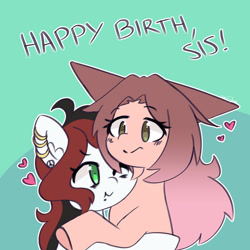 Size: 600x600 | Tagged: safe, artist:sinamuna, oc, oc only, oc:blue spectrum, oc:cinnamon fawn, earth pony, pony, bags under eyes, black hair, brown hair, duo, duo female, female, friends, gift art, green eyes, happy birthday, hazel eyes, heart, hug, mare, one eye closed, piercing, pink hair, ponysona, pouting, puffy cheeks, red hair, signature, sketch, smiling, two toned mane, wink