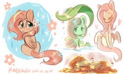 Size: 2042x1225 | Tagged: safe, artist:oofycolorful, fluttershy, frog, pegasus, pony, g4, crying, cute, eyes closed, falling leaves, female, flower, flower in hair, folded wings, heart, leaf, leaf umbrella, leaves, looking at you, looking back, looking back at you, lying down, mare, prone, sad, shyabetes, sitting, solo, spread wings, teary eyes, turned head, wings