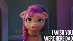 Size: 1280x720 | Tagged: safe, edit, edited screencap, editor:quoterific, screencap, sunny starscout, earth pony, pony, g5, my little pony: a new generation, spoiler:g5, spoiler:my little pony: a new generation, female, floppy ears, implied argyle starshine, implied death, mare, offscreen character, open mouth, sad, solo