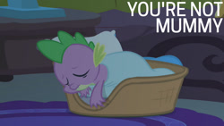 Size: 1280x720 | Tagged: safe, edit, edited screencap, editor:quoterific, screencap, spike, dragon, g4, season 1, winter wrap up, blanket, eyes closed, golden oaks library, male, pillow, sleeping, solo