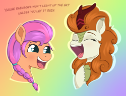 Size: 1677x1284 | Tagged: safe, artist:dyonys, autumn blaze, sunny starscout, earth pony, kirin, pony, g4, g5, my little pony: a new generation, bust, esophagus, eyes closed, female, hoof on chest, mare, mlp fim's eleventh anniversary, open mouth, rainbow background, singing, smiling, text, volumetric mouth