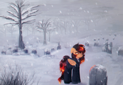 Size: 2000x1373 | Tagged: safe, artist:menalia, oc, oc only, oc:shiny flames, fire pony, pegasus, pony, branches, chromatic aberration, clothes, female, gloves, gravestone, graveyard, mare, pants, sad, shoes, snow, snowfall, suit, tree, tree branch, wings, winter