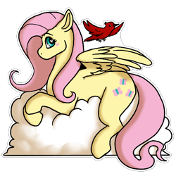 Size: 600x600 | Tagged: safe, artist:sursiq, fluttershy, bird, pegasus, pony, g4, blushing, cloud, female, looking at you, lying down, lying on a cloud, mare, on a cloud, shading, shadow, simple background, solo, transparent background