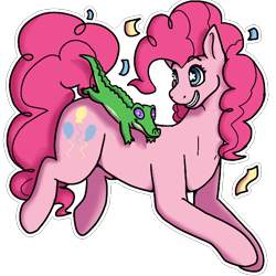 Size: 600x600 | Tagged: safe, artist:sursiq, gummy, pinkie pie, alligator, earth pony, pony, reptile, g4, confetti, female, mare, shading, simple background, smiling, solo, starry eyes, transparent background, wingding eyes