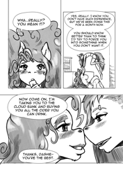 Size: 1061x1500 | Tagged: safe, artist:bakuhaku, pinkie pie, rainbow dash, earth pony, anthro, comic:bun in the oven, comic:friendship is dirty, g4, big breasts, blushing, boop, breasts, busty pinkie pie, clothes, comic, dialogue, eye contact, eyebrow piercing, female, grayscale, lesbian, lidded eyes, looking at each other, monochrome, noseboop, nuzzling, open mouth, piercing, ship:pinkiedash, shipping, shirt, shorts, smiling, speech bubble, tank top