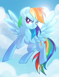 Size: 1280x1654 | Tagged: safe, artist:drawntildawn, rainbow dash, pegasus, pony, g4, cloud, female, flying, mare, multicolored hair, multicolored mane, multicolored tail, rainbow hair, rainbow tail, sky, smiling, solo, spread wings, sun, tail, watermark, wings