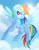 Size: 1280x1654 | Tagged: safe, artist:drawntildawn, rainbow dash, pegasus, pony, g4, cloud, female, flying, mare, multicolored hair, multicolored mane, multicolored tail, rainbow hair, rainbow tail, sky, smiling, solo, spread wings, sun, tail, watermark, wings