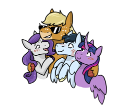 Size: 882x760 | Tagged: safe, artist:moonstruck-badger, edit, applejack, rarity, soarin', twilight sparkle, alicorn, earth pony, pegasus, pony, unicorn, g4, applejack gets all the mares, bisexual, blushing, cropped, female, group hug, hoof around neck, hug, lesbian, lesbian in front of boys, male, polyamory, rarisoarinlightjack, ship:rarijack, ship:soarinjack, ship:twijack, shipping, simple background, smiling, straight, sunglasses, twilight sparkle (alicorn), white background