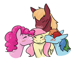 Size: 882x760 | Tagged: safe, artist:moonstruck-badger, edit, big macintosh, fluttershy, pinkie pie, rainbow dash, earth pony, pegasus, pony, g4, bisexual, bisexual female, blushing, cheek kiss, cropped, cute, eyes closed, female, floppy ears, fluttermacpiedash, fluttershy gets all the mares, kiss on the head, kiss sandwich, kissing, lesbian, lesbian in front of boys, male, mare, polyamory, ship:flutterdash, ship:fluttermac, ship:flutterpie, shipping, shyabetes, simple background, stallion, straight, white background
