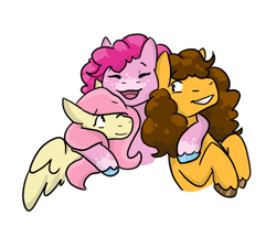 Size: 882x760 | Tagged: safe, artist:moonstruck-badger, edit, cheese sandwich, fluttershy, pinkie pie, earth pony, pegasus, pony, bisexual, cheesepie, cropped, eyes closed, female, flutterpie, group hug, hug, lesbian, male, mare, one eye closed, open mouth, open smile, pinkiecheeseshy, polyamory, shipping, simple background, smiling, stallion, straight, unshorn fetlocks, white background