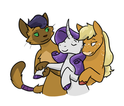 Size: 882x760 | Tagged: safe, artist:moonstruck-badger, edit, applejack, capper dapperpaws, rarity, abyssinian, earth pony, pony, unicorn, g4, bisexual, capperarijack, capperity, chest fluff, cloven hooves, colored hooves, cropped, curved horn, eyes closed, female, horn, lesbian, lesbian in front of boys, male, mare, polyamory, ship:rarijack, shipping, simple background, smiling, straight, unshorn fetlocks, white background