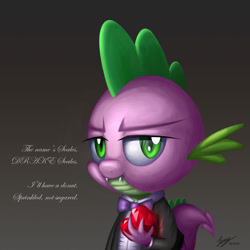 Size: 1280x1280 | Tagged: safe, artist:duskie-06, spike, dragon, g4, bowtie, clothes, fire ruby, gem, ruby, solo, suit