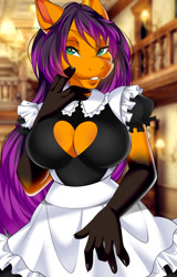 Size: 817x1280 | Tagged: safe, artist:butterfliess, oc, oc only, oc:trigger treat, earth pony, anthro, bedroom eyes, breasts, clothes, commission, digital art, female, looking at you, maid, solo, tail, thighs