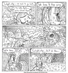 Size: 1232x1324 | Tagged: safe, artist:horselover fat, spike, twilight sparkle, dragon, pony, unicorn, comic:childhood's end, g4, cave, comic, dialogue, monochrome, snow, speech bubble, traditional art, unicorn twilight