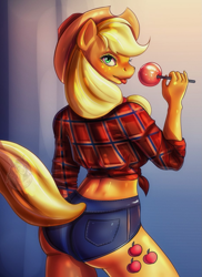 Size: 933x1280 | Tagged: safe, artist:totemmoriz, applejack, earth pony, anthro, g4, :p, apple, applebutt, ass, butt, candy apple, clothes, cowboy hat, digital art, female, food, hat, implied tail hole, looking at you, looking back, looking back at you, rear view, solo, stockings, tail, tank top, thigh highs, tongue out