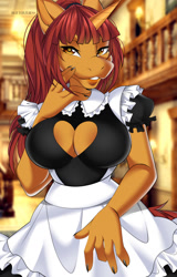 Size: 817x1280 | Tagged: safe, alternate character, alternate version, artist:butterfliess, oc, oc only, oc:rivet pop, unicorn, anthro, breasts, clothes, commission, digital art, horn, looking at you, maid