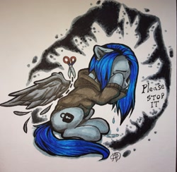 Size: 2357x2305 | Tagged: safe, artist:lina, oc, oc only, oc:lina, oc:lina firesoul, pony, clothes, crying, high res, hoodie, inktober, inktober2021, lock, pressure, scissors, severed limb, severed wing, solo, traditional art, wings