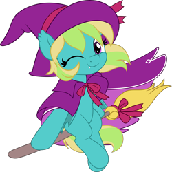 Size: 5005x5000 | Tagged: safe, artist:jhayarr23, oc, oc only, oc:lutecia, bat pony, pony, bat pony oc, broom, cape, clothes, commission, costume, female, flying, flying broomstick, halloween, hat, holiday, looking at you, mare, one eye closed, simple background, solo, transparent background, witch costume, witch hat, ych result