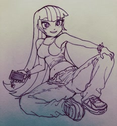 Size: 1536x1658 | Tagged: safe, artist:nairdags, sonata dusk, equestria girls, g4, belly button, cellphone, clothes, cute, female, midriff, monochrome, pants, phone, shoes, smartphone, sneakers, solo, sonatabetes, traditional art