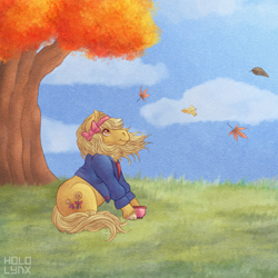 Size: 800x800 | Tagged: safe, artist:hololynx, butterscotch (g3), earth pony, pony, g3, autumn, cloud, cup, female, leaves, solo, teacup, tree