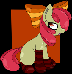 Size: 809x835 | Tagged: safe, artist:krazykari, apple bloom, earth pony, pony, g4, clothes, emo, female, filly, socks, solo, striped socks