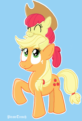 Size: 491x716 | Tagged: safe, artist:piratetwench, apple bloom, applejack, earth pony, pony, g4, apple bloom riding applejack, female, filly, mare, siblings, sisters