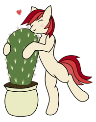 Size: 2200x2800 | Tagged: safe, artist:sovietpony, oc, oc only, oc:sovietpony, earth pony, pony, bipedal, bipedal leaning, cactus, cute, earth pony oc, eyes closed, heart, high res, hug, leaning, potted plant, simple background, solo, standing, standing on one leg, this will end in pain, transparent background