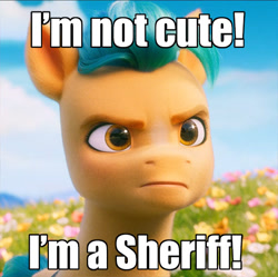 Size: 581x579 | Tagged: safe, edit, edited screencap, screencap, hitch trailblazer, earth pony, pony, g5, my little pony: a new generation, spoiler:my little pony: a new generation, blatant lies, caption, cropped, cute, frown, hitch trailblazer is not amused, hitchbetes, i'm not cute, image macro, liar, male, sheriff, solo, stallion, text, tsundere, unamused