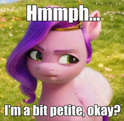 Size: 588x577 | Tagged: safe, edit, edited screencap, screencap, pipp petals, pegasus, pony, g5, my little pony: a new generation, spoiler:my little pony: a new generation, caption, cropped, female, image macro, looking at you, mare, pipp is short, solo, text, tsundere