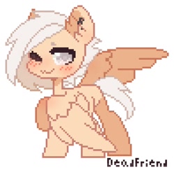 Size: 792x784 | Tagged: safe, artist:dedfriend, oc, oc only, pegasus, pony, ear piercing, earring, female, jewelry, looking at you, mare, one eye closed, partially open wings, piercing, pixel art, raised hoof, simple background, white background, wings, wink