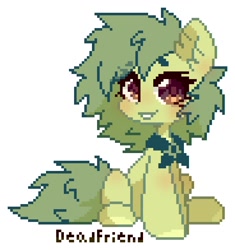 Size: 736x784 | Tagged: safe, artist:dedfriend, oc, oc only, earth pony, pony, :3, ambiguous gender, butt, ear fluff, looking at you, pixel art, plot, raised hoof, simple background, sitting, solo, white background