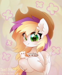 Size: 1791x2160 | Tagged: safe, artist:dedfriend, oc, oc only, hamster, pegasus, pony, abstract background, bust, cowboy hat, ear fluff, female, hat, mare
