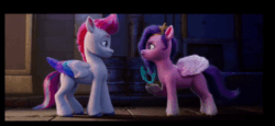 Size: 520x240 | Tagged: safe, edit, edited screencap, screencap, pipp petals, zipp storm, pegasus, pony, g5, my little pony: a new generation, spoiler:my little pony: a new generation, animated, female, gif, mare, pegasus crystal, reversed, siblings, sisters