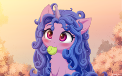 Size: 4800x3000 | Tagged: safe, artist:symbianl, izzy moonbow, pony, unicorn, g5, my little pony: a new generation, :3, ball, behaving like a dog, blue mane, blushing, chest fluff, cute, ear fluff, eyebrows, female, high res, horn, izzy's tennis ball, izzybetes, mare, messy mane, mouth hold, nom, solo, tennis ball, weapons-grade cute