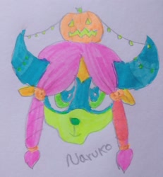 Size: 1891x2048 | Tagged: safe, artist:wrath-marionphauna, yona, yak, g4, clothes, costume, halloween, highlighter drawing, holiday, lights, nightmare night, nightmare night costume, pumpkin, solo, traditional art