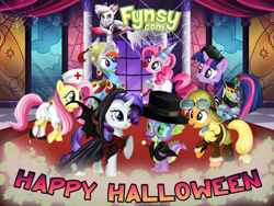 Size: 700x525 | Tagged: safe, artist:user15432, applejack, fluttershy, pinkie pie, rainbow dash, rarity, spike, twilight sparkle, dragon, earth pony, pegasus, pony, unicorn, vampire, vampony, g4, bat wings, clothes, clown, clown nose, clown shoes, costume, cute, cute little fangs, dressup, dressup game, fangs, fynsy, goggles, halloween, halloween 2021, halloween costume, happy halloween, hat, holiday, knight, knight armor, mane seven, mane six, nurse, nurse hat, nurse outfit, paint, paint palette, paintbrush, painter, pilot, red nose, shoes, sword, top hat, unicorn twilight, weapon, wings