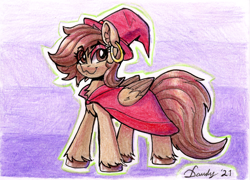 Size: 2052x1474 | Tagged: safe, artist:dandy, oc, oc only, oc:hazelnut brew, pegasus, pony, cape, chest fluff, clothes, colored pencil drawing, ear fluff, ear piercing, earring, eye clipping through hair, female, gradient background, hat, jewelry, looking at you, piercing, solo, traditional art, unshorn fetlocks, witch, witch hat